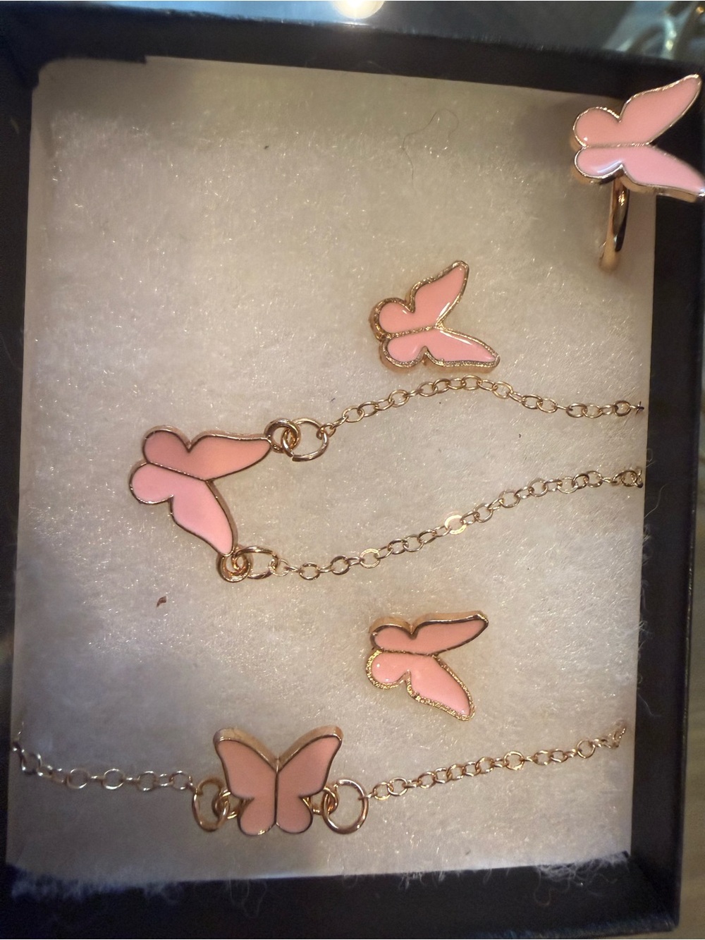 Gold Butterfly Jewelry Set with Pink Enamel Accents